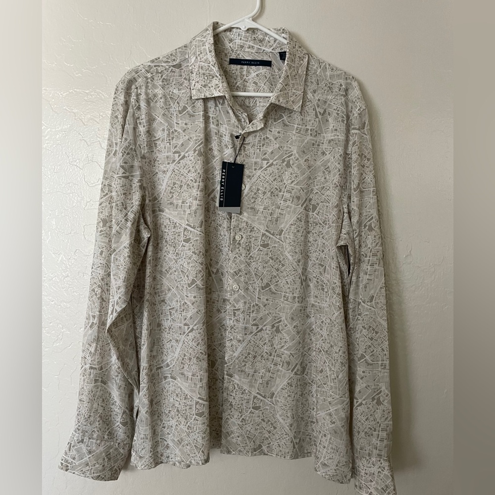 Perry Ellis Cream Patterned Button Down Shirt
